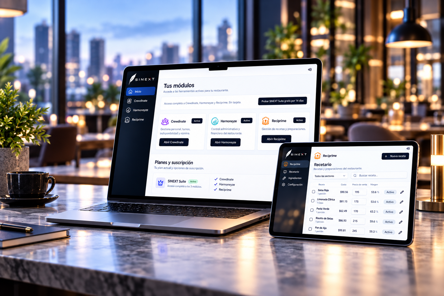 SINEXT en laptop y tablet: Home con módulos y recetario de Reciprime